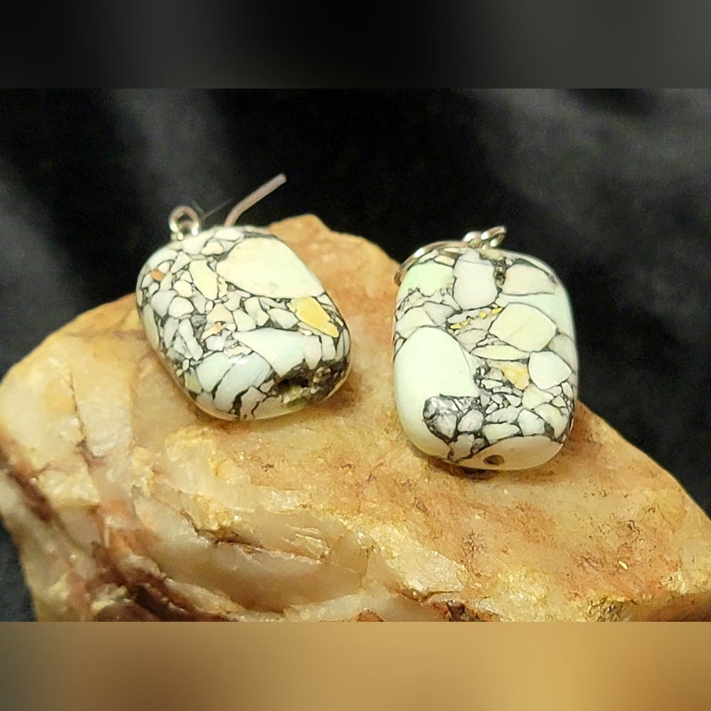 White Buffalo And Sterling Silver Rectangle Artisan Earrings. RARE